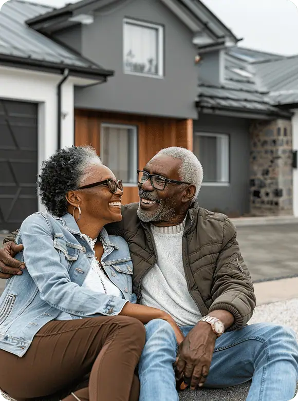 Happy senior couple sitting in front of their home after successful downsizing transition - Gordon's Downsizing